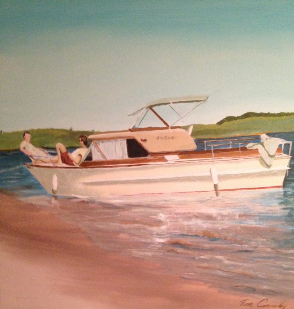 Motorboat anchored near shore with two people