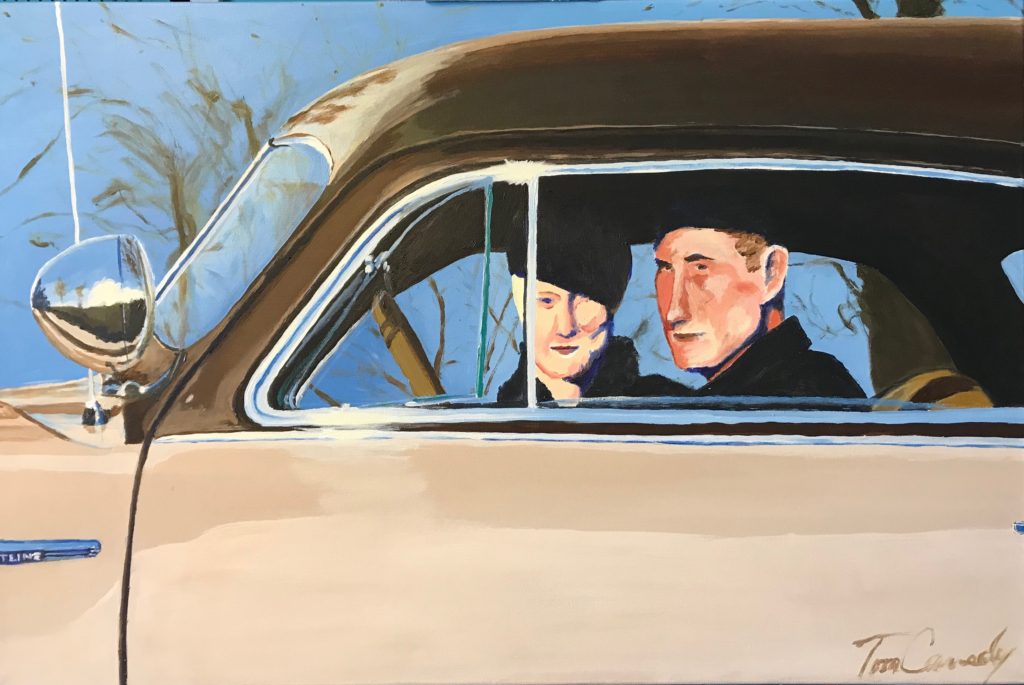 Painting of couple in vintage car
