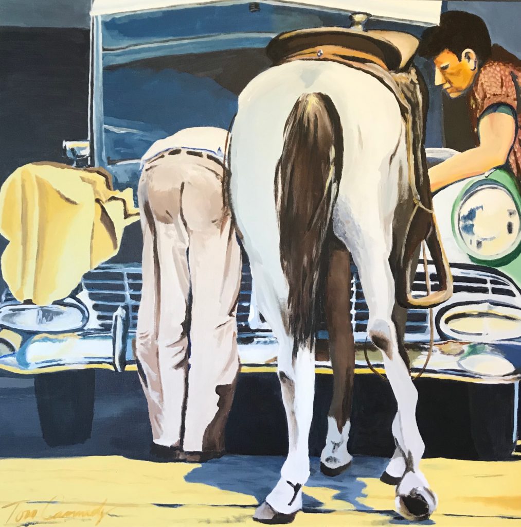 Horse and people leaning into open car hood