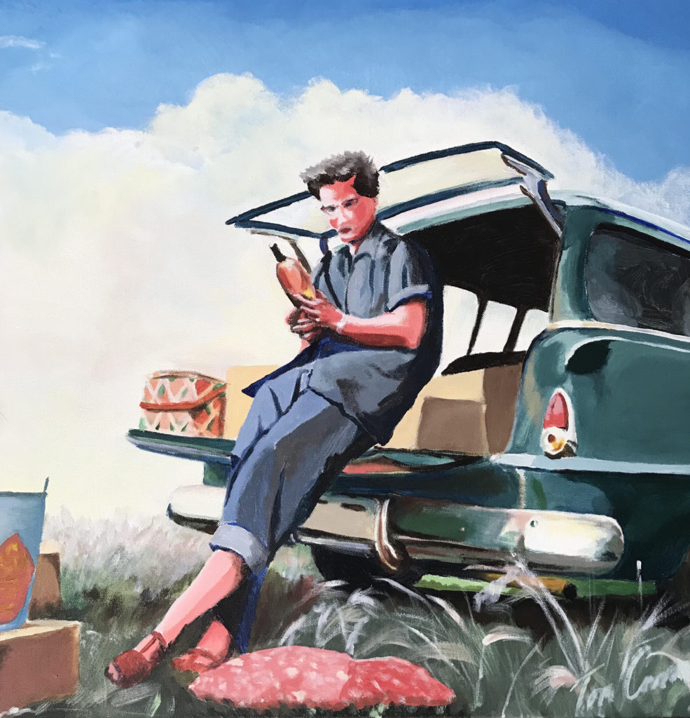 Person sitting in vintage car trunk holding bottle