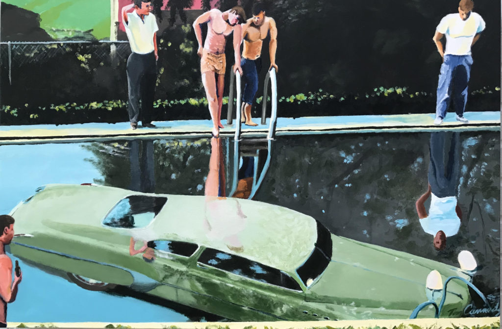Green car submerged in pool with onlookers