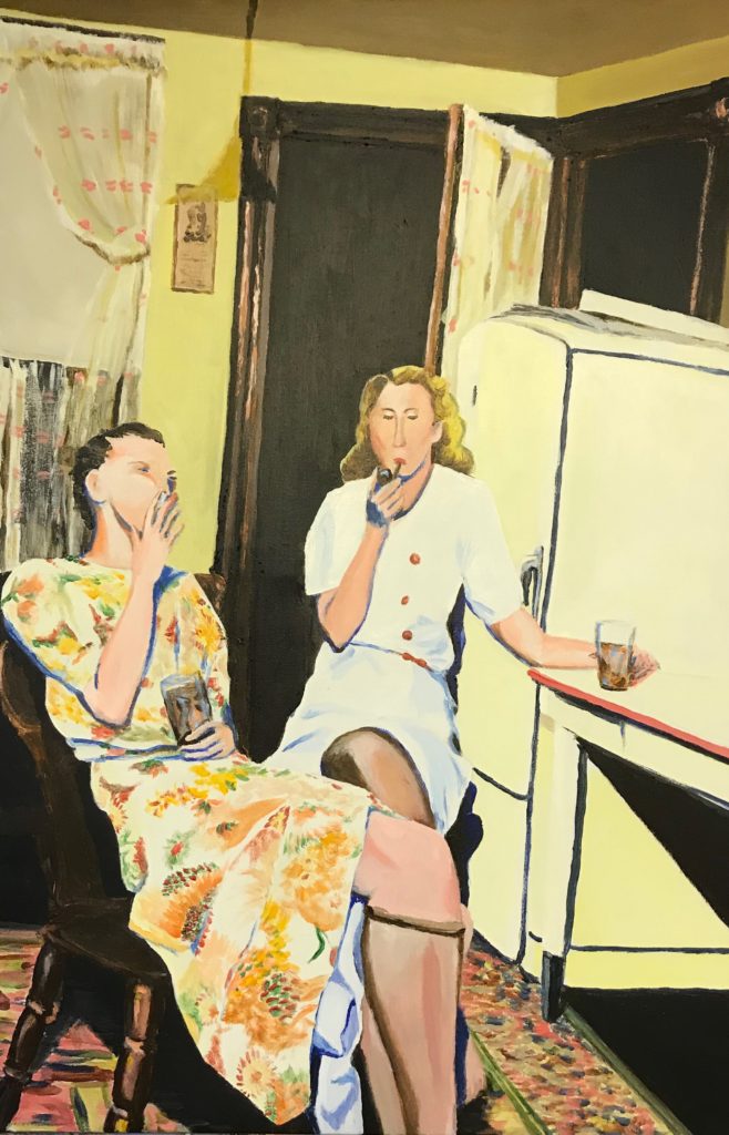 Two women in kitchen smoking and drinking