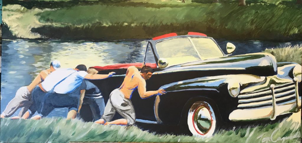 Painting of men pushing classic convertible car