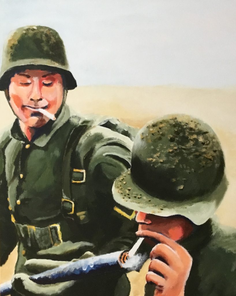 Two soldiers wearing helmets smoking cigarettes