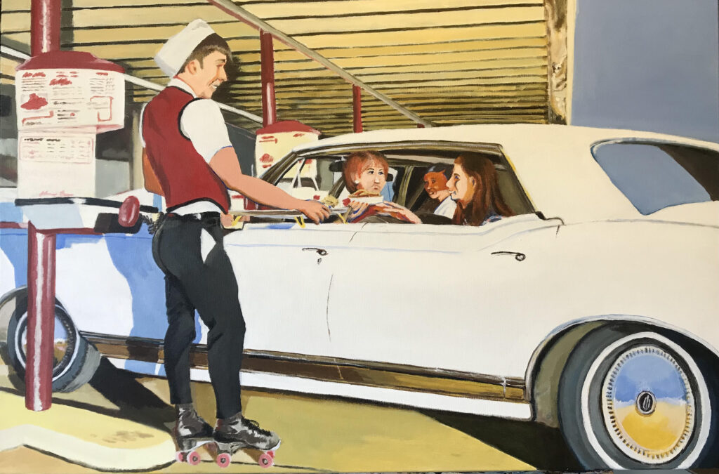 Carhop on roller skates serves customers in car