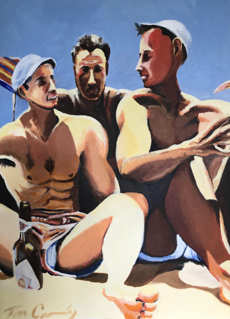 Painting of three men sitting on a beach