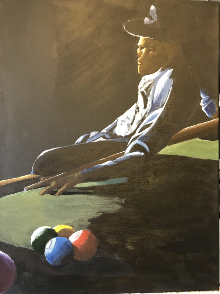 Painting of person in hat playing pool