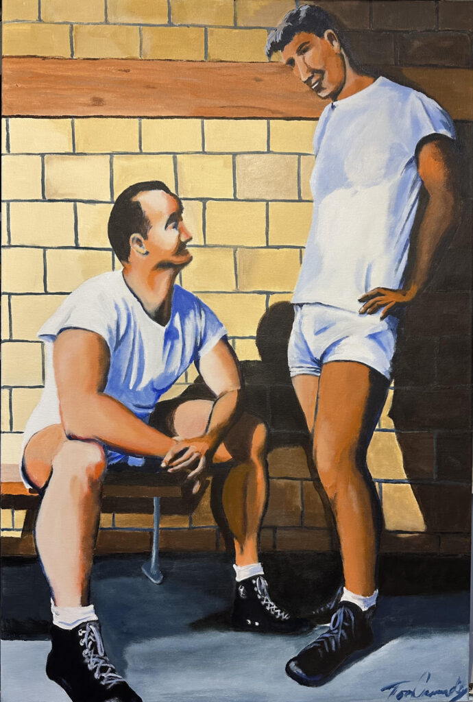 Painting of two men in a locker room