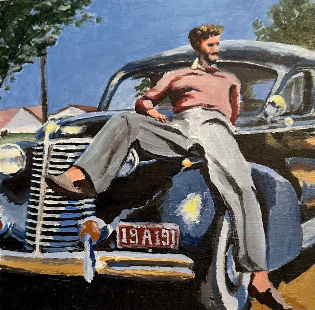 Painting of man leaning on vintage car