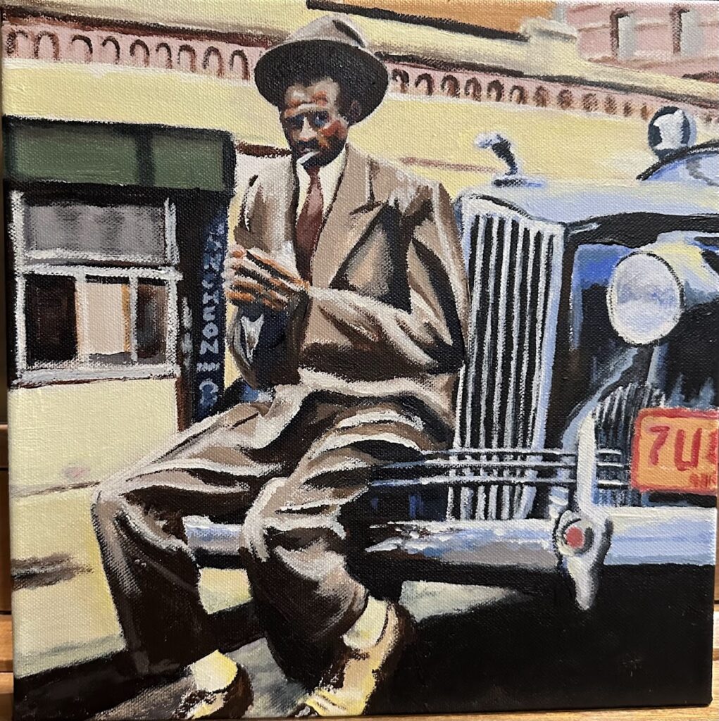 Painting of man in suit on vintage car