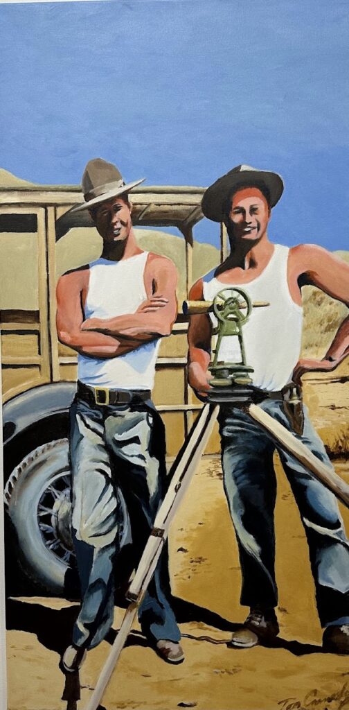 Two men with surveying tripod near truck