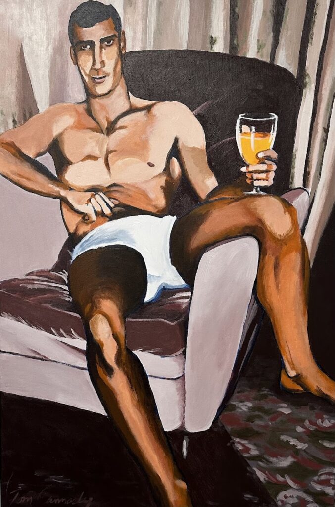 Painting of shirtless man in underwear holding drink